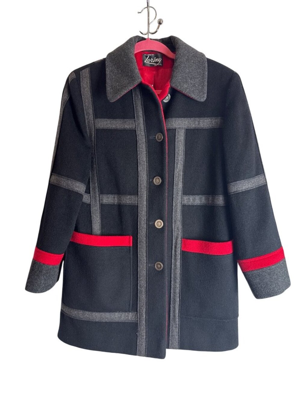 Vintage Loring Women's Wool Blend Coat Black Red Plaid Made in USA Size Medium